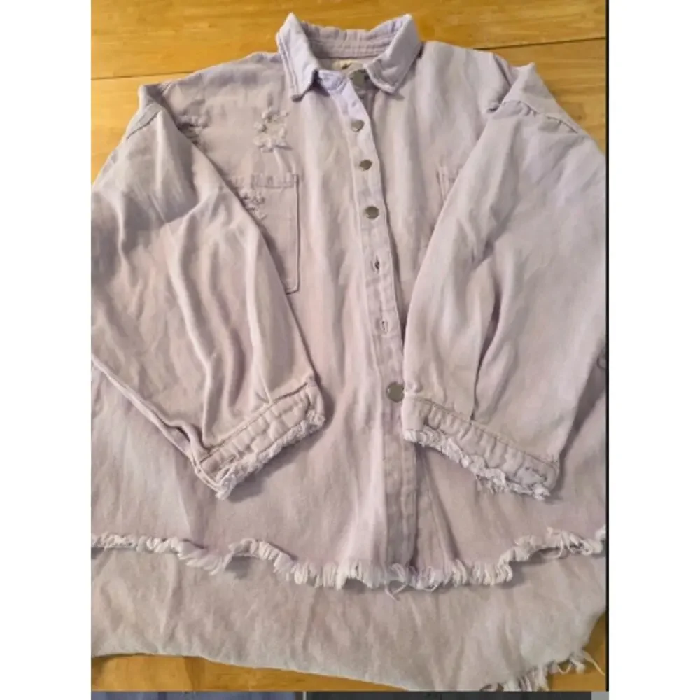POL Lavender Distressed Denim Shacket Small Frayed Hem Button Front Boho